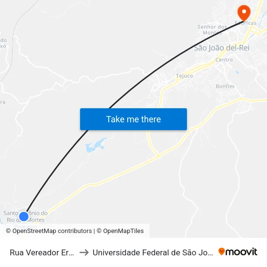 Rua Vereador Ernesto Silva Braga, 169 to Universidade Federal de São João del-Rei (UFSJ/ Campus Dom Bosco) map
