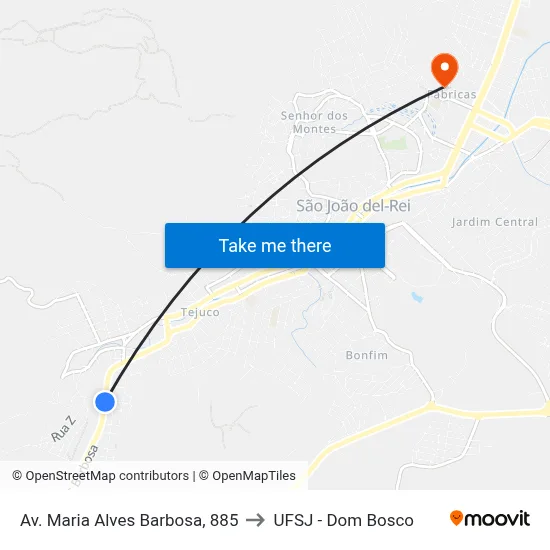 Av. Maria Alves Barbosa, 885 to UFSJ - Dom Bosco map