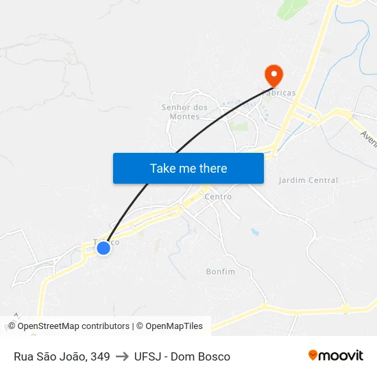 Rua São João, 349 to UFSJ - Dom Bosco map