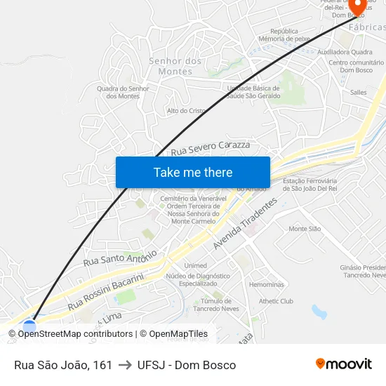 Rua São João, 161 to UFSJ - Dom Bosco map
