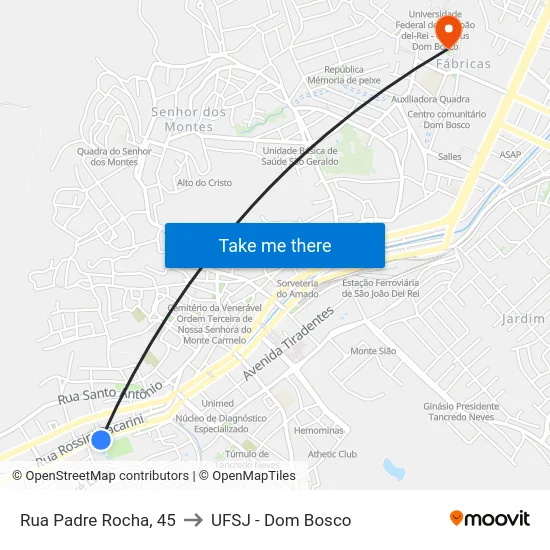 Rua Padre Rocha, 45 to UFSJ - Dom Bosco map