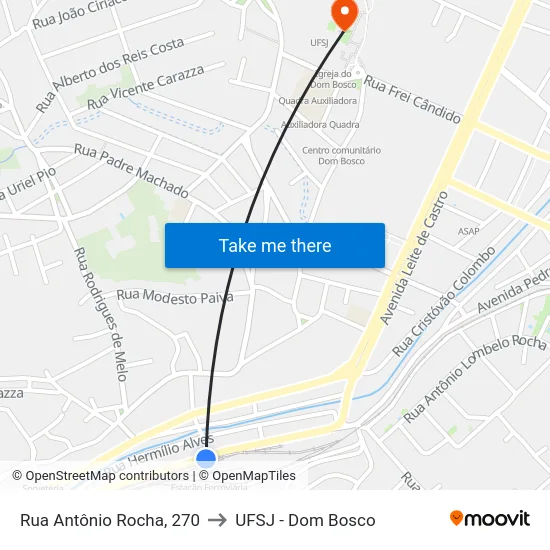 Rua Antônio Rocha, 270 to UFSJ - Dom Bosco map