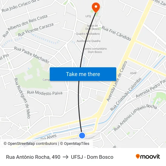 Rua Antônio Rocha, 490 to UFSJ - Dom Bosco map