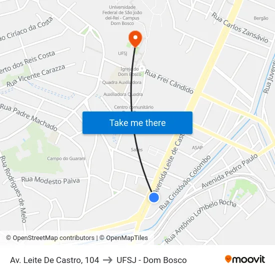 Av. Leite De Castro, 104 to UFSJ - Dom Bosco map