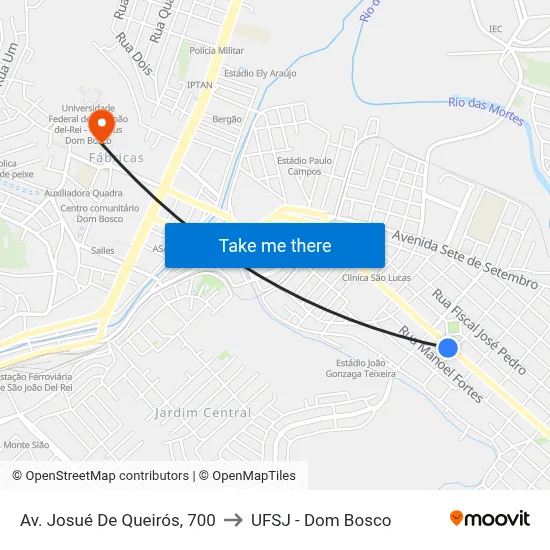Av. Josué De Queirós, 700 to UFSJ - Dom Bosco map