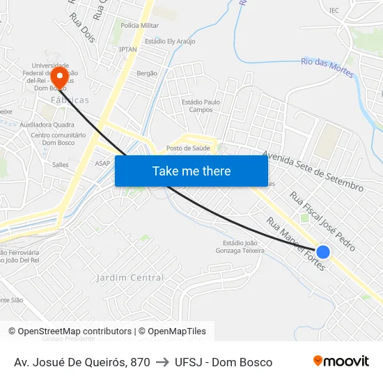 Av. Josué De Queirós, 870 to UFSJ - Dom Bosco map
