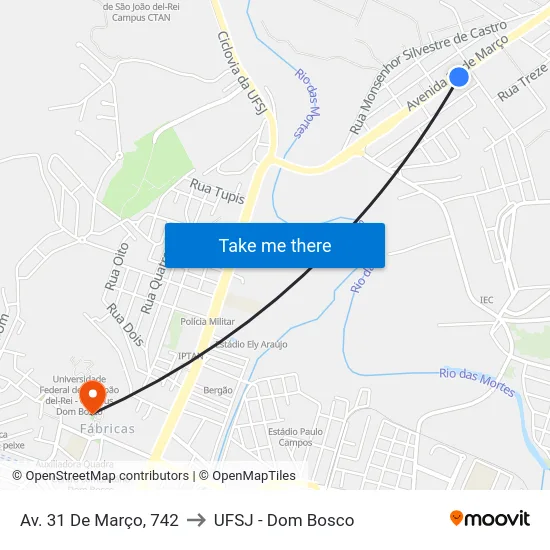 Av. 31 De Março, 742 to UFSJ - Dom Bosco map