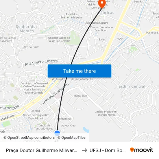 Praça Doutor Guilherme Milward, 90 to UFSJ - Dom Bosco map