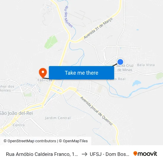 Rua Arnóbio Caldeira Franco, 155 to UFSJ - Dom Bosco map