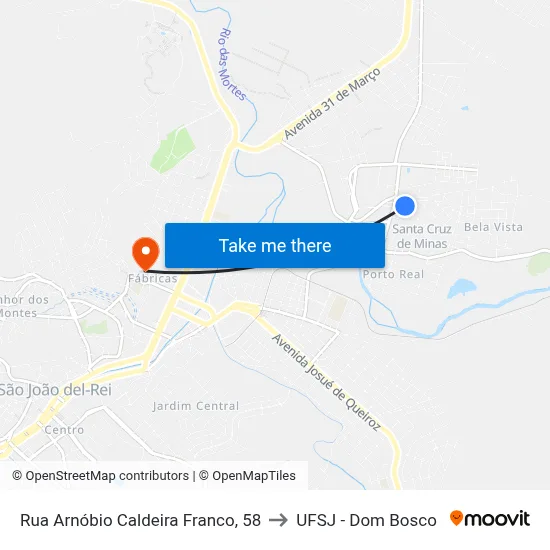 Rua Arnóbio Caldeira Franco, 58 to UFSJ - Dom Bosco map