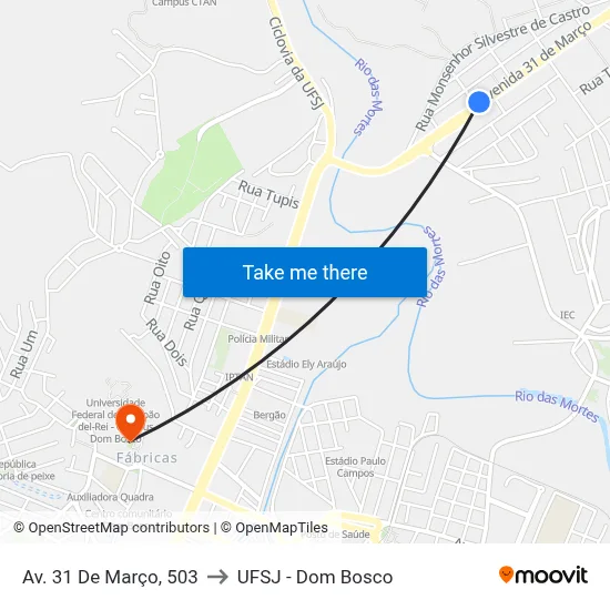 Av. 31 De Março, 503 to UFSJ - Dom Bosco map