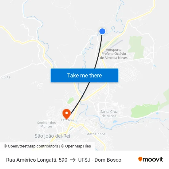 Rua Américo Longatti, 590 to UFSJ - Dom Bosco map