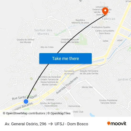 Av. General Osório, 296 to UFSJ - Dom Bosco map