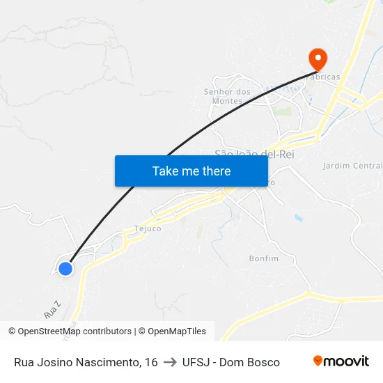Rua Josino Nascimento, 16 to UFSJ - Dom Bosco map