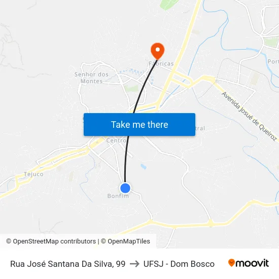 Rua José Santana Da Silva, 99 to UFSJ - Dom Bosco map