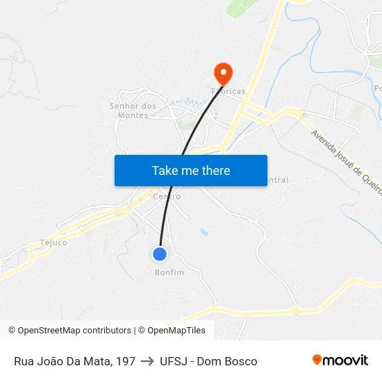 Rua João Da Mata, 197 to UFSJ - Dom Bosco map