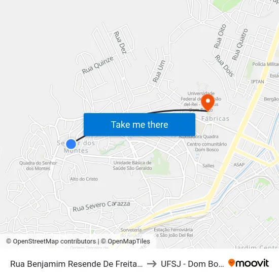 Rua Benjamim Resende De Freitas, 113 to UFSJ - Dom Bosco map