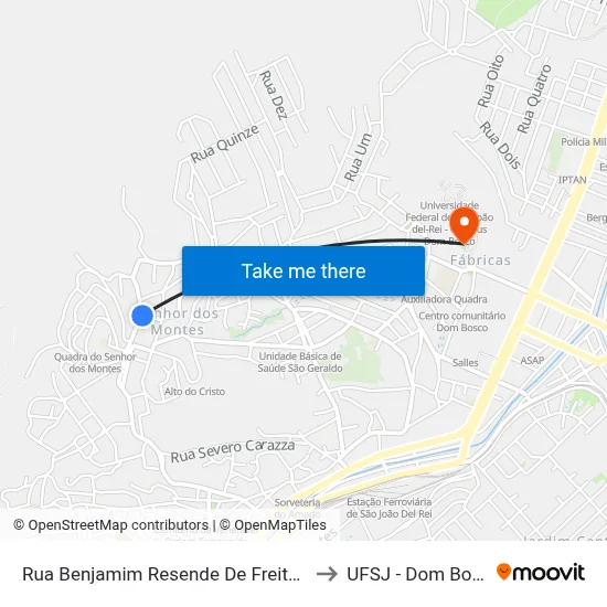 Rua Benjamim Resende De Freitas, 15 to UFSJ - Dom Bosco map
