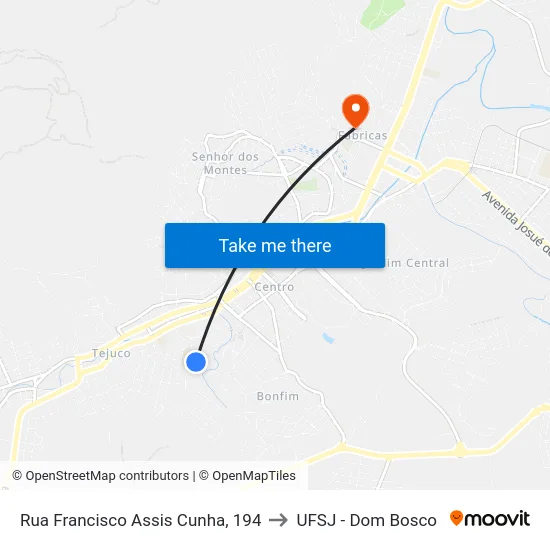 Rua Francisco Assis Cunha, 194 to UFSJ - Dom Bosco map
