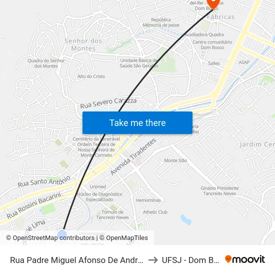 Rua Padre Miguel Afonso De Andrade, 526 to UFSJ - Dom Bosco map