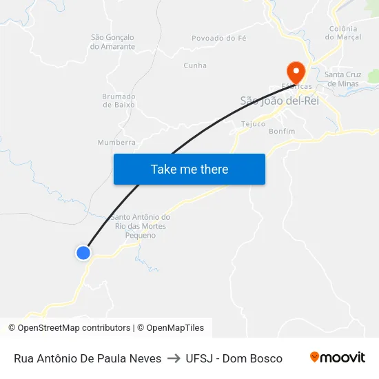 Rua Antônio De Paula Neves to UFSJ - Dom Bosco map