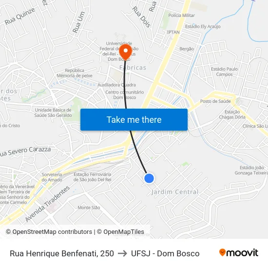 Rua Henrique Benfenati, 250 to UFSJ - Dom Bosco map