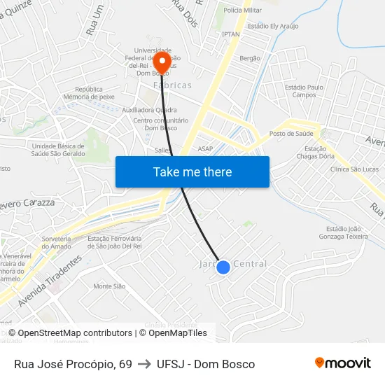 Rua José Procópio, 69 to UFSJ - Dom Bosco map