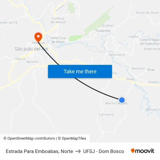 Estrada Para Emboabas, Norte to UFSJ - Dom Bosco map