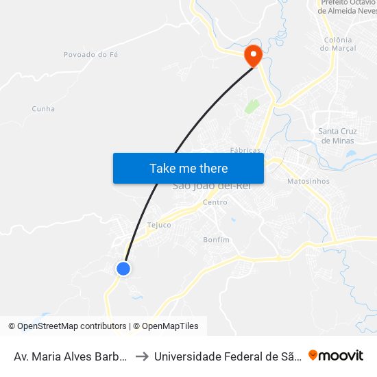 Av. Maria Alves Barbosa, 1385 | Ponto Final Das Linhas 1, 2 E 30 to Universidade Federal de São João del-Rei (UFSJ/ Campus Tancredo Neves/ CTan) map