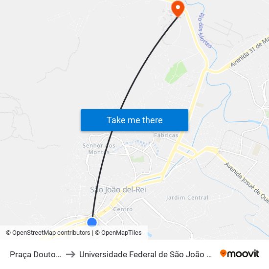 Praça Doutor Fausto Mourão, 9 to Universidade Federal de São João del-Rei (UFSJ/ Campus Tancredo Neves/ CTan) map