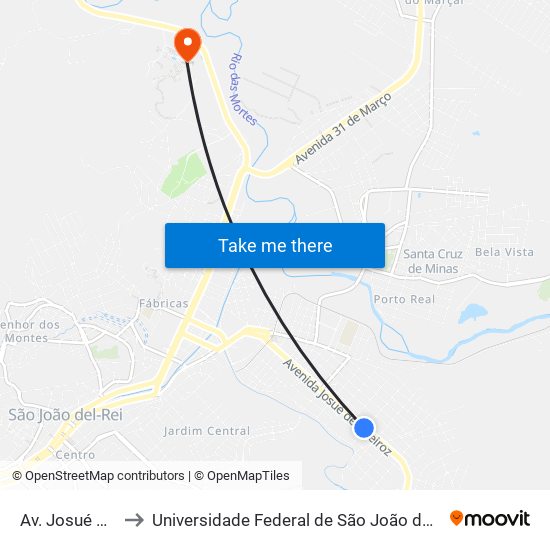 Av. Josué De Queirós, 1090 to Universidade Federal de São João del-Rei (UFSJ/ Campus Tancredo Neves/ CTan) map