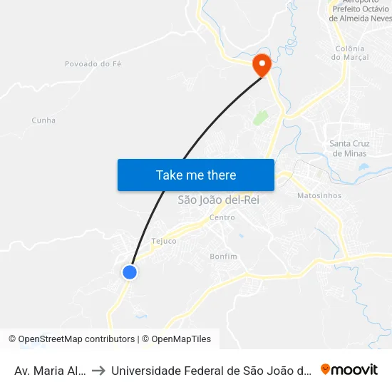 Av. Maria Alves Barbosa, 796 to Universidade Federal de São João del-Rei (UFSJ/ Campus Tancredo Neves/ CTan) map