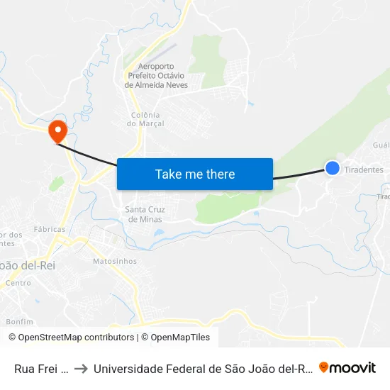 Rua Frei Veloso, 340 to Universidade Federal de São João del-Rei (UFSJ/ Campus Tancredo Neves/ CTan) map