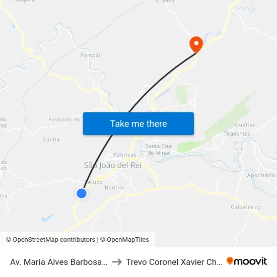 Av. Maria Alves Barbosa, 885 to Trevo Coronel Xavier Chaves map