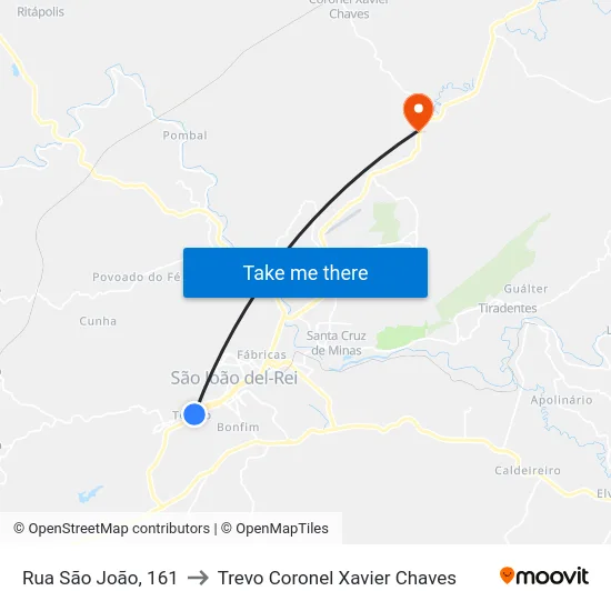 Rua São João, 161 to Trevo Coronel Xavier Chaves map
