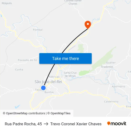 Rua Padre Rocha, 45 to Trevo Coronel Xavier Chaves map