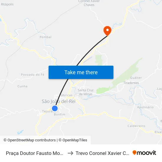 Praça Doutor Fausto Mourão, 9 to Trevo Coronel Xavier Chaves map