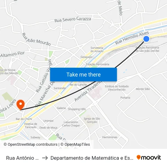 Rua Antônio Rocha, 270 to Departamento de Matemática e Estatística - DEMAT / UFSJ map