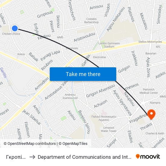 Γκροπίους - Θεοφίλου to Department of Communications and Internet Studies (Τμήμα Επικοινωνίας και Σπουδών Διαδικτύου) map