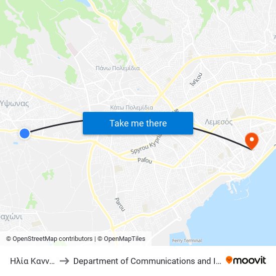 Ηλία Καννάουρου - Λευκωσίας to Department of Communications and Internet Studies (Τμήμα Επικοινωνίας και Σπουδών Διαδικτύου) map