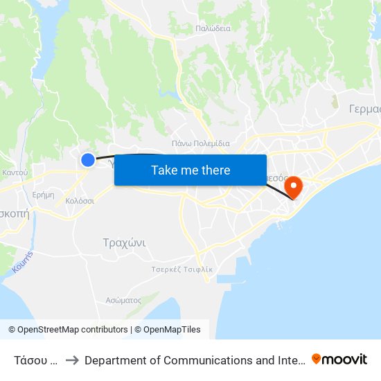 Τάσου Ισαάκ - Λόφου to Department of Communications and Internet Studies (Τμήμα Επικοινωνίας και Σπουδών Διαδικτύου) map