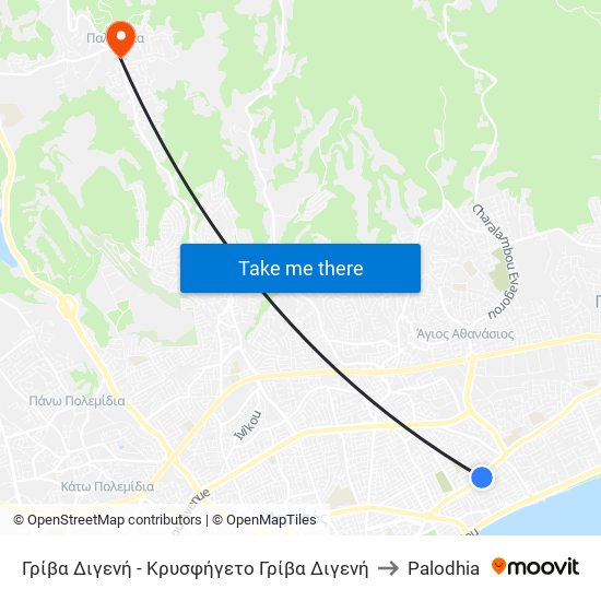 Γρίβα Διγενή - Κρυσφήγετο Γρίβα Διγενή to Palodhia map