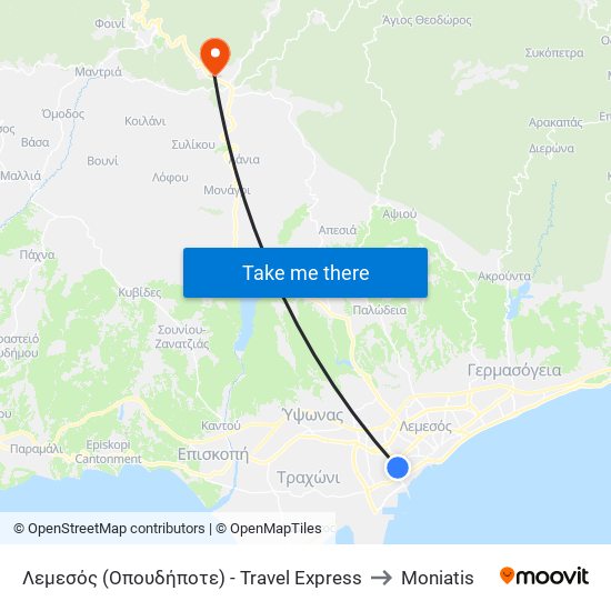 Λεμεσός (Οπουδήποτε) - Travel Express to Moniatis map