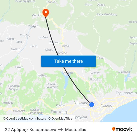 22 Δρόμος - Κυπαρισσώνα to Moutoullas map