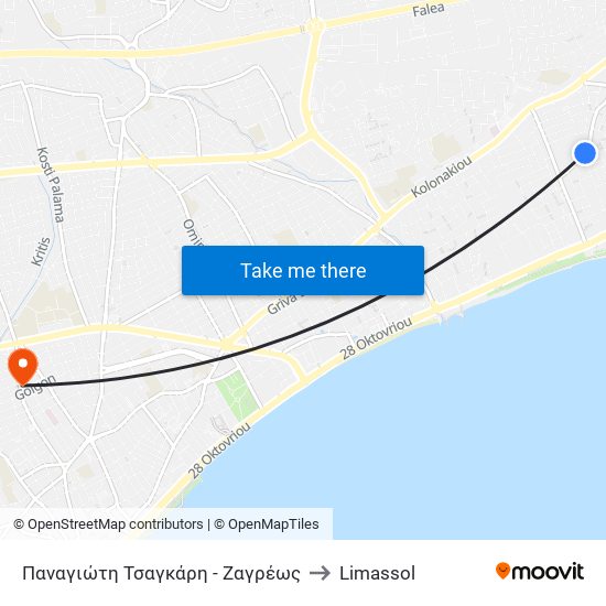 Παναγιώτη Τσαγκάρη - Ζαγρέως to Limassol map