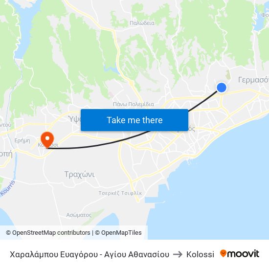 Χαραλάμπου Ευαγόρου - Αγίου Αθανασίου to Kolossi map