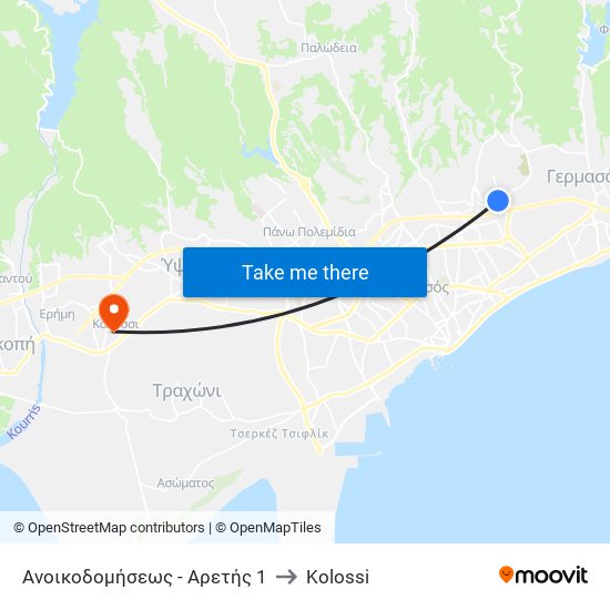 Ανοικοδομήσεως - Αρετής 1 to Kolossi map