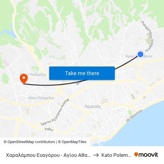 Χαραλάμπου Ευαγόρου - Αγίου Αθανασίου to Kato Polemidia map