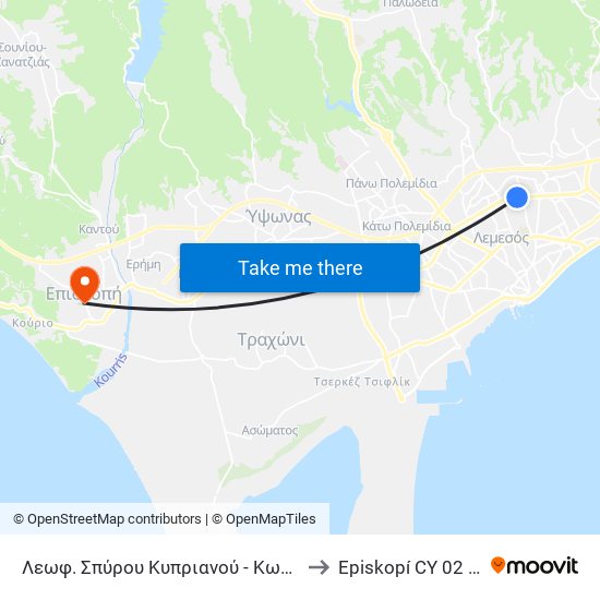 Λεωφ. Σπύρου Κυπριανού - Κωστή Παλαμά to Episkopí CY 02 Cyprus map