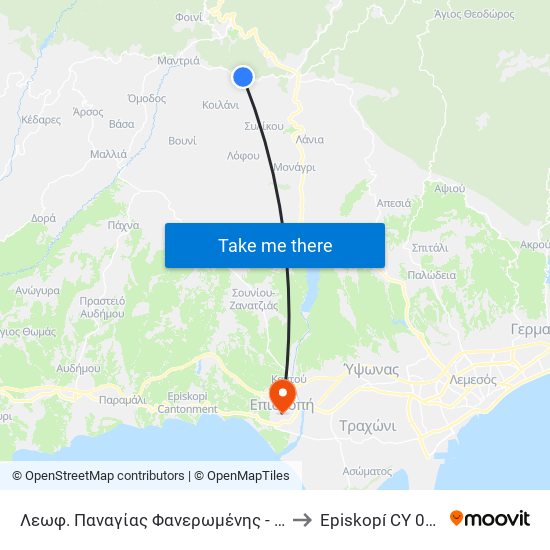 Λεωφ. Παναγίας Φανερωμένης - 2η Πέρα Πέδι 1 to Episkopí CY 02 Cyprus map